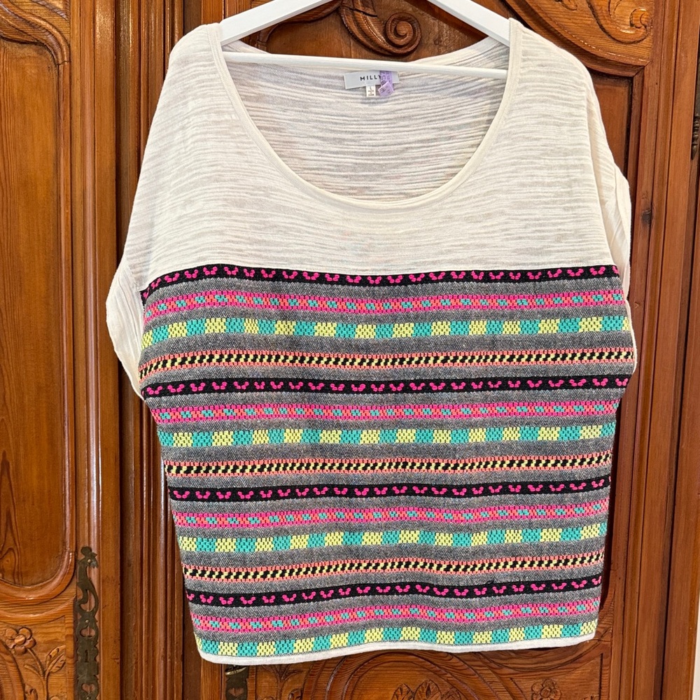 Milly embroidered southwestern short sleeve top, EUC, size L